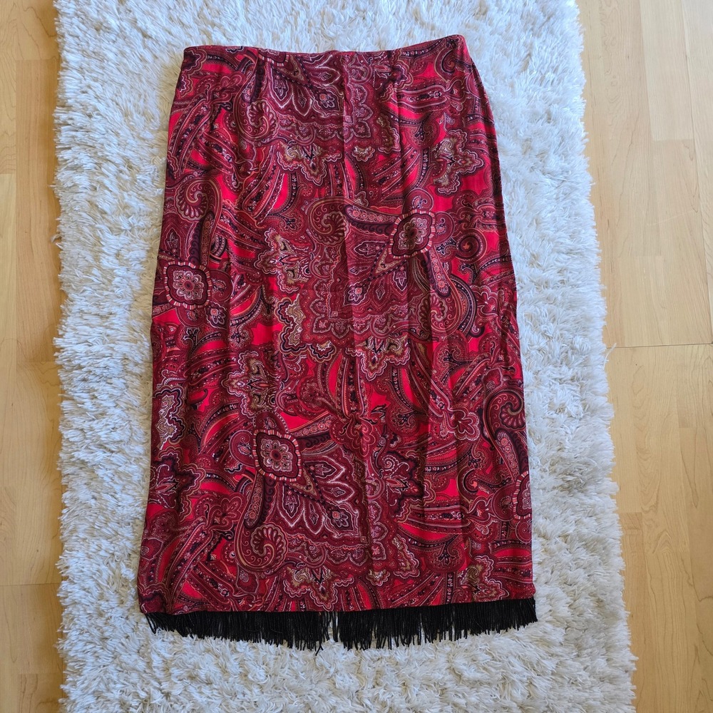 Red‎ Paisley Beaded Fringe Maxi Skirt Boho Straight Silhouette Red Black by CLIO